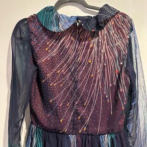 Vintage Green and Blue Cocktail Dress with Bishop Sleeves